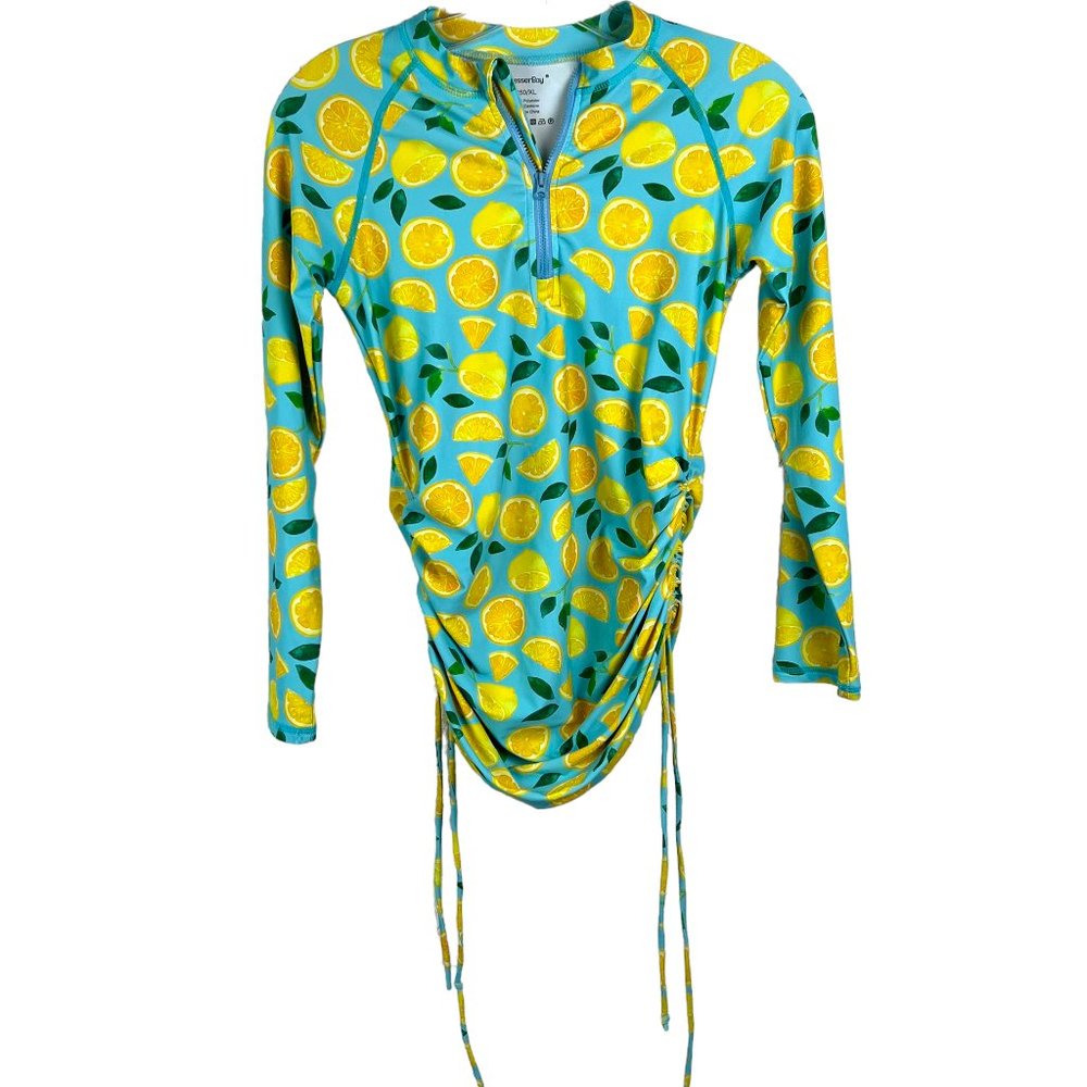 BESSER BAY Girls XL Lemon Print 1/2 Zip UPF Ruched Tie Rash Guard Swim Shirt